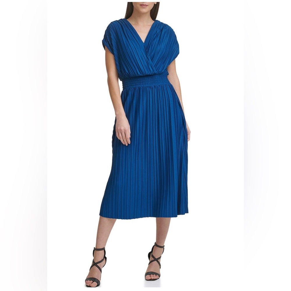 DKNY Satin Pleated Smocked-Waist Dress in Deep Slate Blue